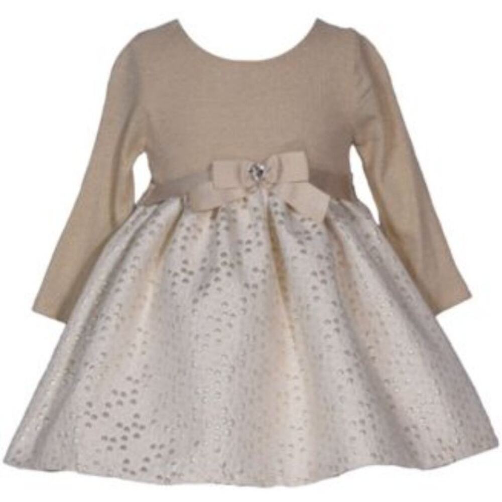 Bonnie Baby Girls Knit to Jacquard BabyDoll Gold color Dress Size 6-9M GUC